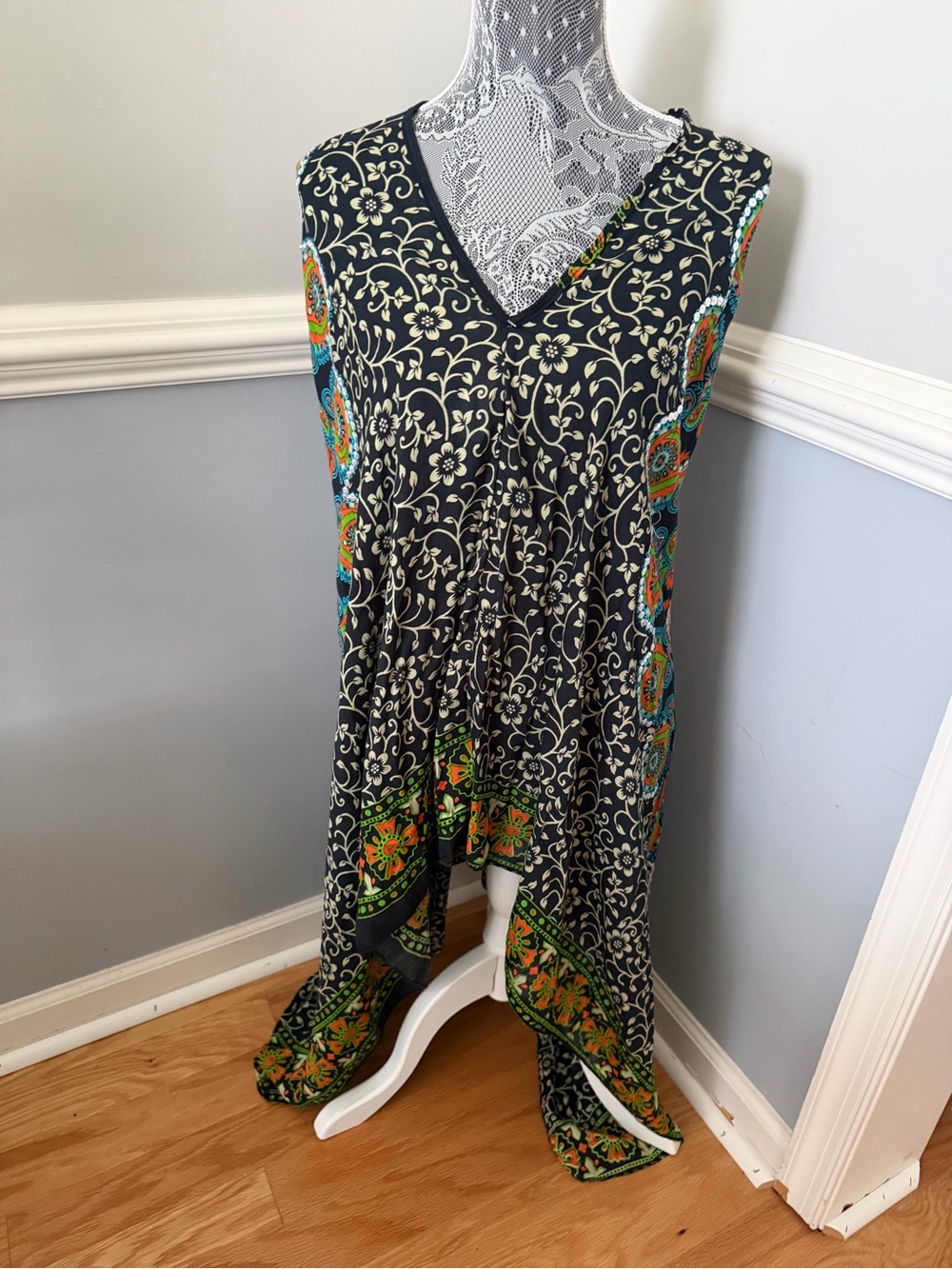 Sleeveless V-Neck Floral Print Hanker  Dress - Black with Green & Orange Accents